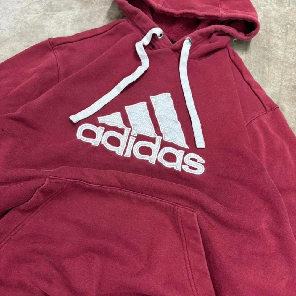 Y2K Burgundy and White Adidas‎ Hoodie Size L